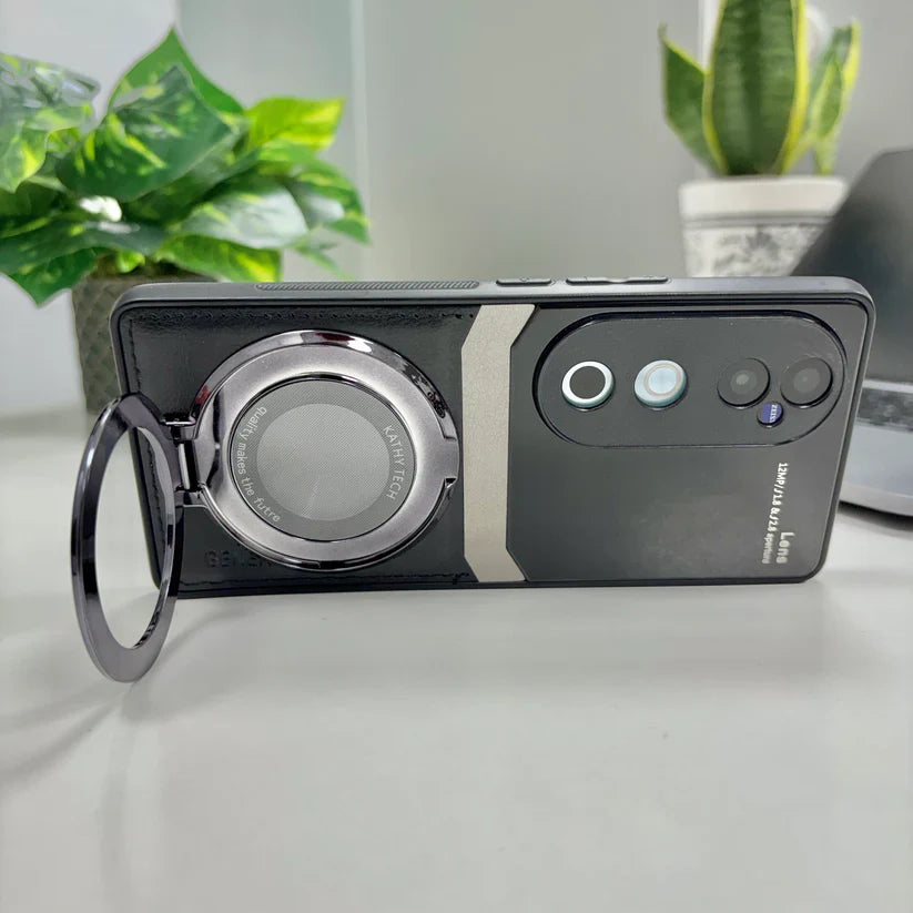 Vivo V40 Pro 5G Original Luxury Leather Lens Magnifier Ring Stand Case