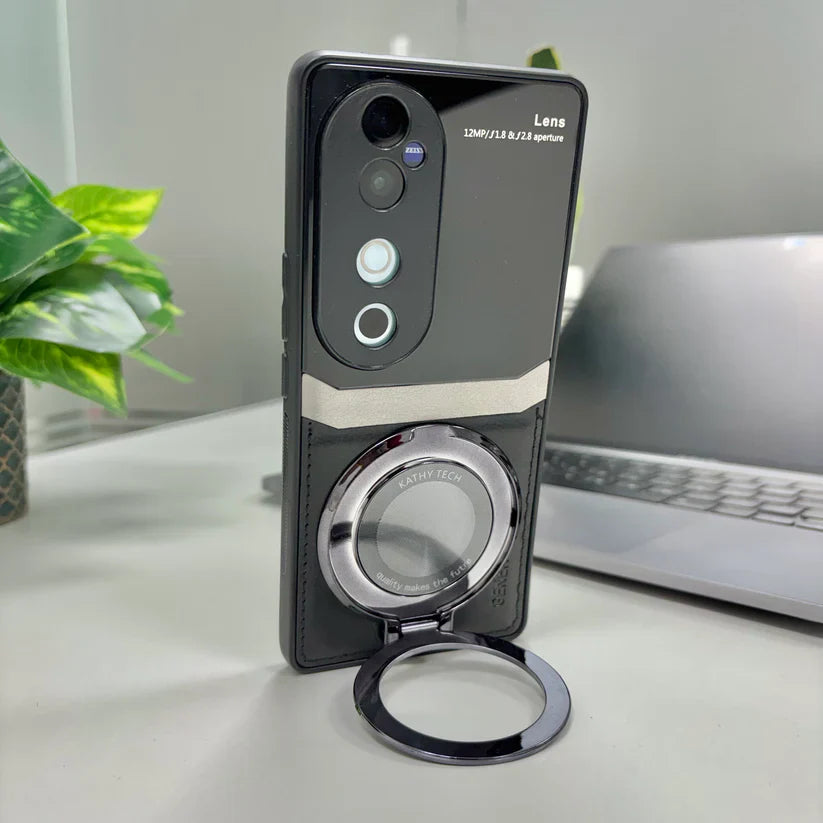 Vivo V40 Pro 5G Original Luxury Leather Lens Magnifier Ring Stand Case