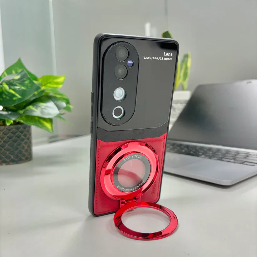 Vivo V40 Pro 5G Original Luxury Leather Lens Magnifier Ring Stand Case